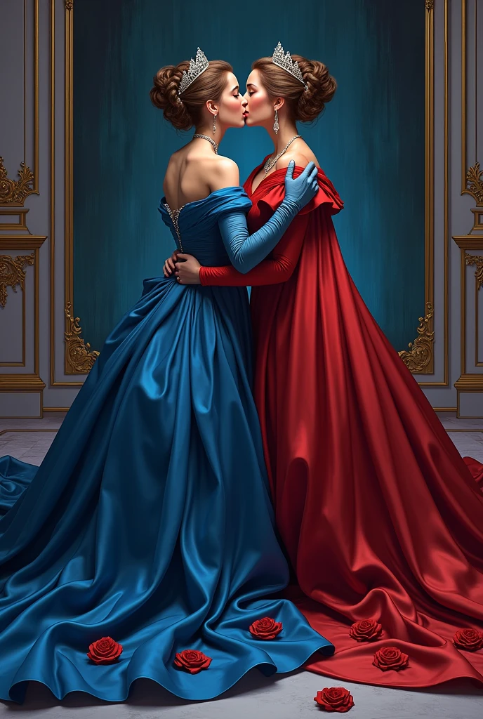 highest quality, masterpiece, highest resolution, artwork, super それにget used to it, many get used to it, get used to it, それにget used to it,((close-up angle shows full entire three persons))love,two adult woman kissing her daughter,romantic,honeymoon,three females in hair tied up,mothers and daughter, three females kissed surrounded satin silk fabric entire floor and room,two mothers with jewellry and full tiara sitting hug kissing their daughter on the floor,two females surrounded in luxurious deep blue satin dresses and satin silk cape,((deep blue satin elegant comfy dresses with a large and long skirt surrounding and covering the mattress)),outter train satin silk cape,deep blue pleasure satin evening dresses rose flowers on dress motive,satin silk cape fabric ,((Gorgeous goddess rococo robe satin dress with voluminous full-length hoop skirt)),deep blue long sleeve with gloves,long train skirt comfy dresses,A comfy dress with full satin fabric...,luxury shiny satin fabric,((Palace full luxurious extend side deep blue shiny satin fabric flooding on the mattress)), entire floor covered by extend stretched flares train skirt dresses fabric,((extend side of deep blue satin fabric)),Frilled silk full crimson fabric,many rose flowers on the floor, many rose flowers motive enitre the dresses,((two mothers and daughter sitting hug kissed each other while wrapped in deep blue satin dresses skirt on the mattress)),luxurious shiny satin skirt fabrics, shiny satin silk cape