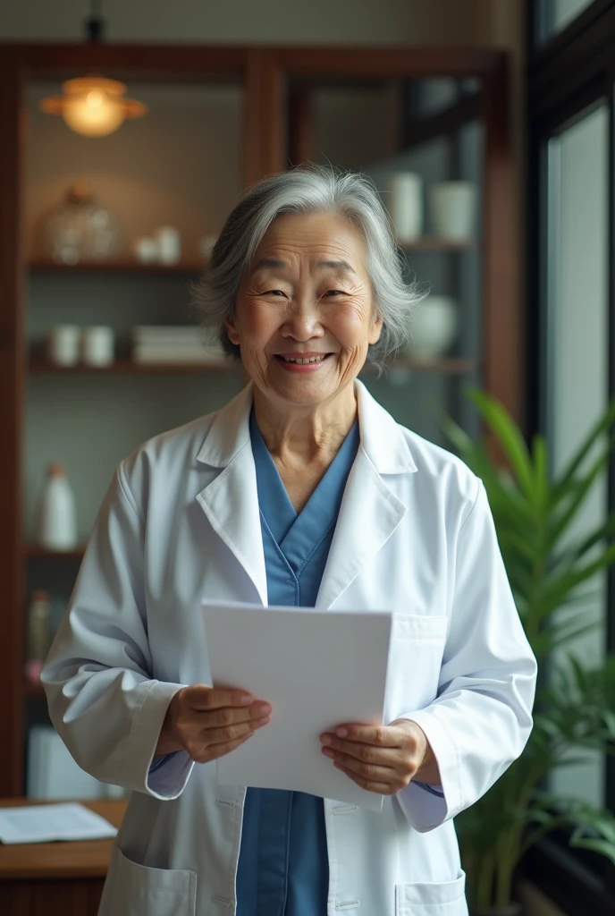 An elderly Chinese doctor in a clinic, smiling and holding a health report. Real portrait woman