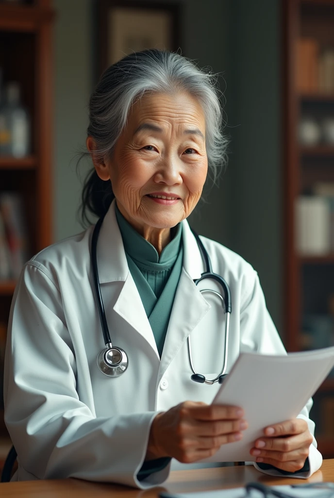 An elderly Chinese doctor in a clinic, smiling and holding a health report. Real portrait woman