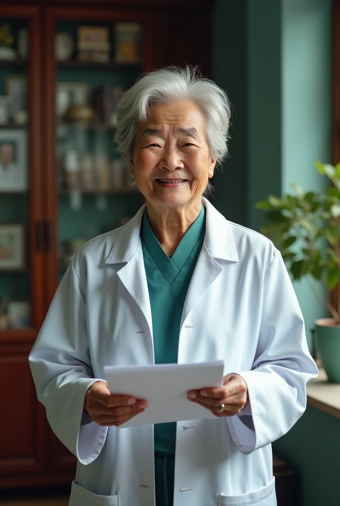 An elderly Chinese doctor in a clinic, smiling and holding a health report. Real portrait    woman