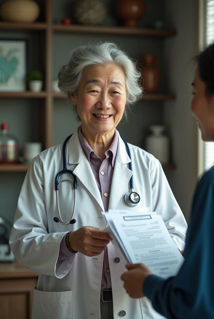An elderly Chinese doctor in a clinic, smiling and holding a health report. Real portrait woman