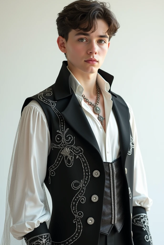 Whole body,teen boy ballet jacket boy square collar white shirt underneath, silver jewelry, transparent fabrics with glitter,black with red color,  medieval, silk fabric, corset,along with pants with a skirt behind,ancient, delicate, Royals, delicate, Simple, White background, vista Whole body.