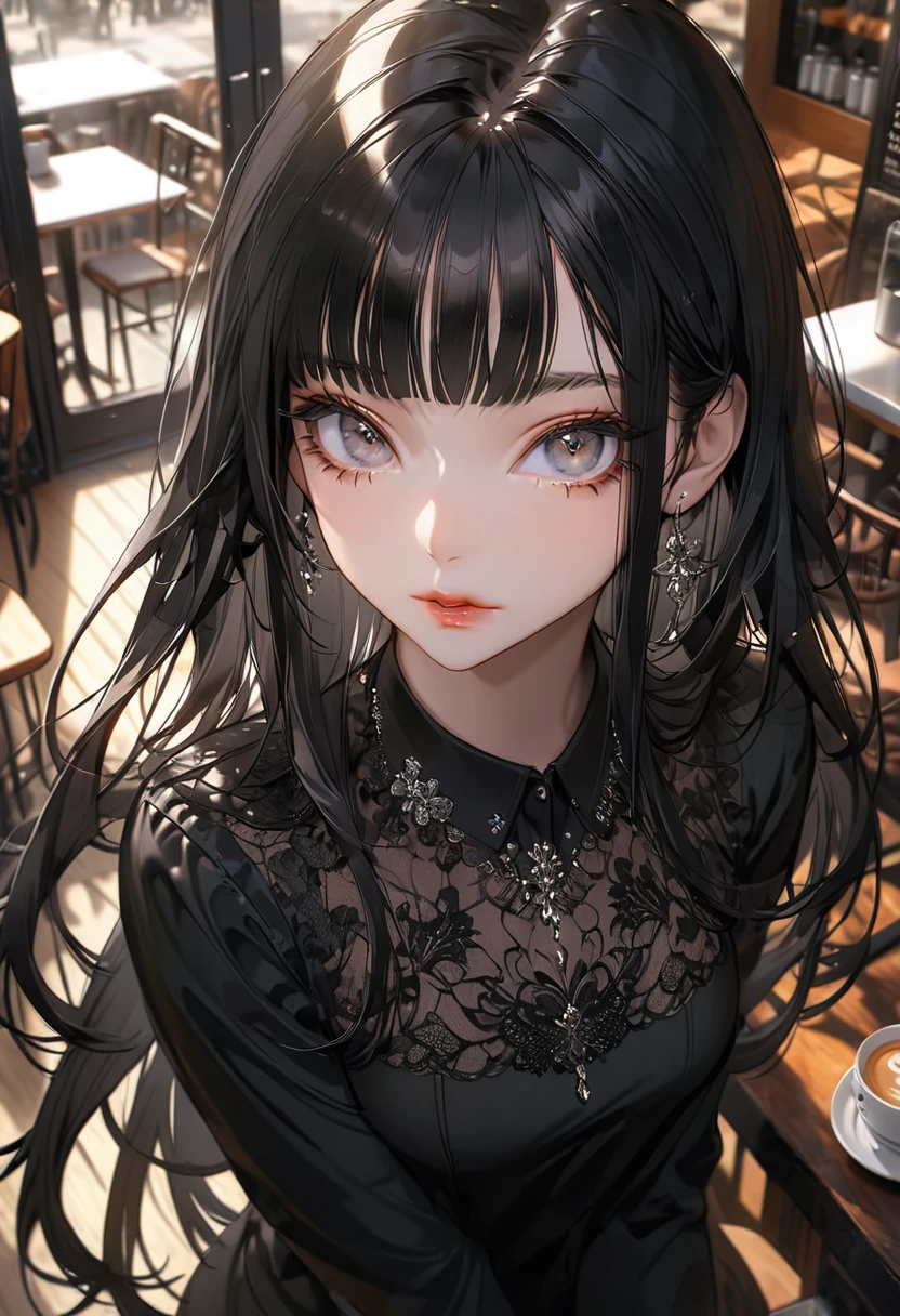 The background is a cafe,(Highest quality,Very detailed,High resolution:1.2),beautiful girl,Black straight hair,Black bangs,very_Long eyelashes, Detailed lips, Cool look, Soft Skin, Shiny Hair,Exquisite makeup,Shot from above,