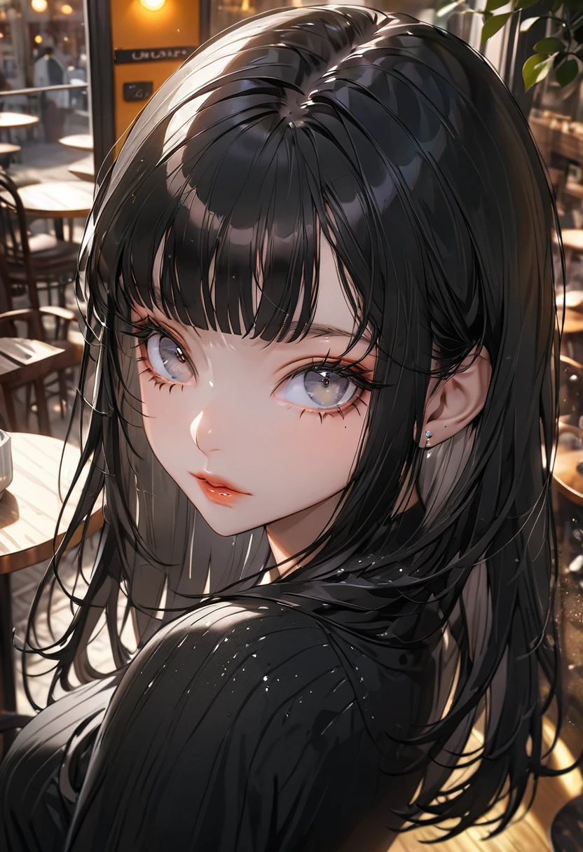 The background is a cafe,(Highest quality,Very detailed,High resolution:1.2),beautiful girl,Black straight hair,Black bangs,very_Long eyelashes, Detailed lips, Cool look, Soft Skin, Shiny Hair,Exquisite makeup,Shot from above,