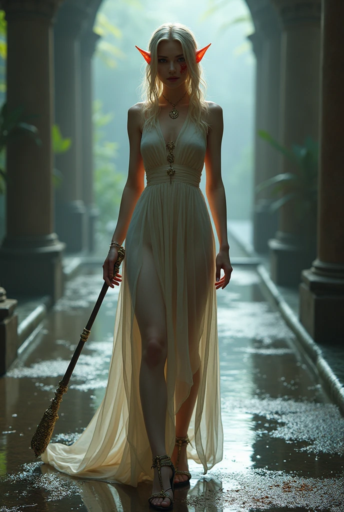 Skiny Elf teen Ash blonde violet eyes wearing sexy sheer linen dress ((heeled sandals)) and scepter in her hand hand, standing, facing forward with a defiant and sensual look. He has half his face bleeding, ((Full body)), ((wet floor))