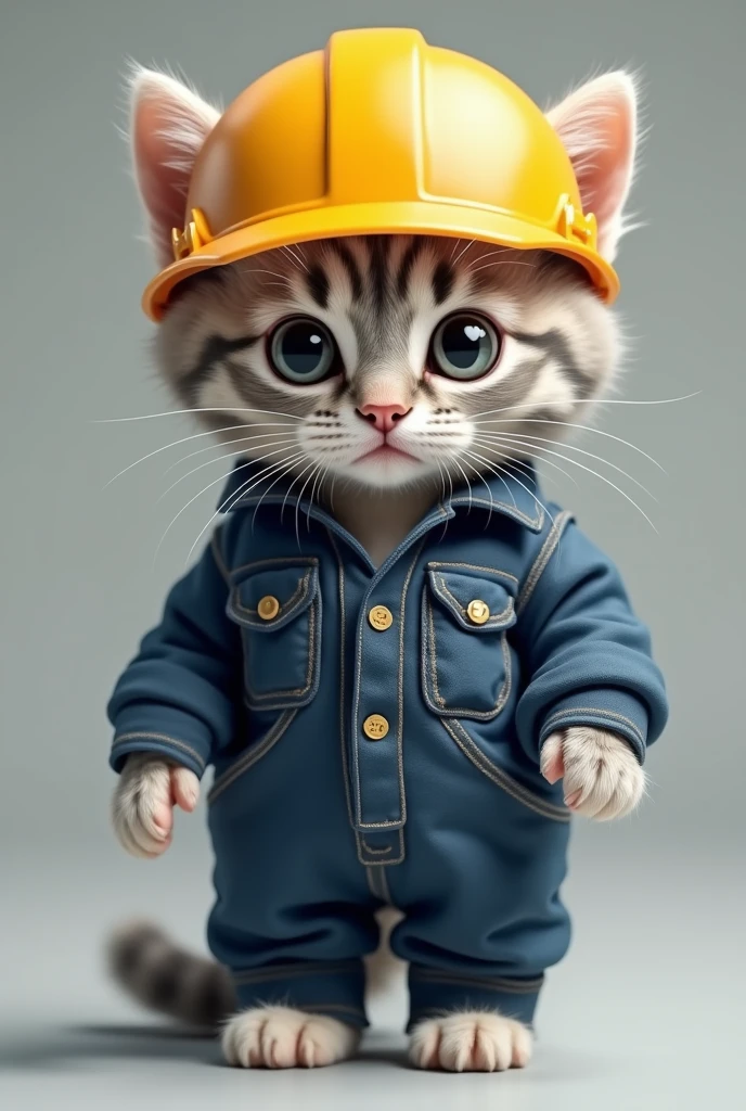 A light gray fur kitten, wearing a navy blue mechanic's suit, with a yellow construction helmet