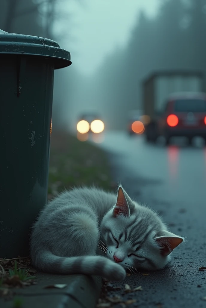 A little cat got lost in the house. It was sleeping on the edge of a road near a trash can. Cars were passing by.