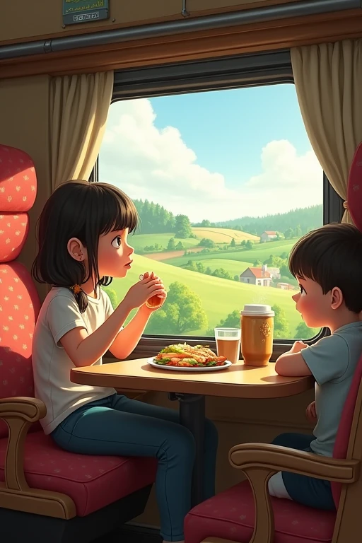 A girl doing eating at the train window
