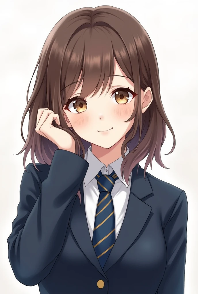 Realistic style drawing of a girl with shoulder-length brown hair, slightly wavy, thin and fine face with feminine features, long eyelashes and a pair of hazel eyes, smiling with thin lips, freckles and pale complexion. He wears a navy blue private school uniform., a navy blue jacket, a white shirt and a blue and gold tie. She smiles at the camera as her cheeks are slightly flushed and her right hand tucks her hair behind her right ear.. The girl is 2 and her name is Sally