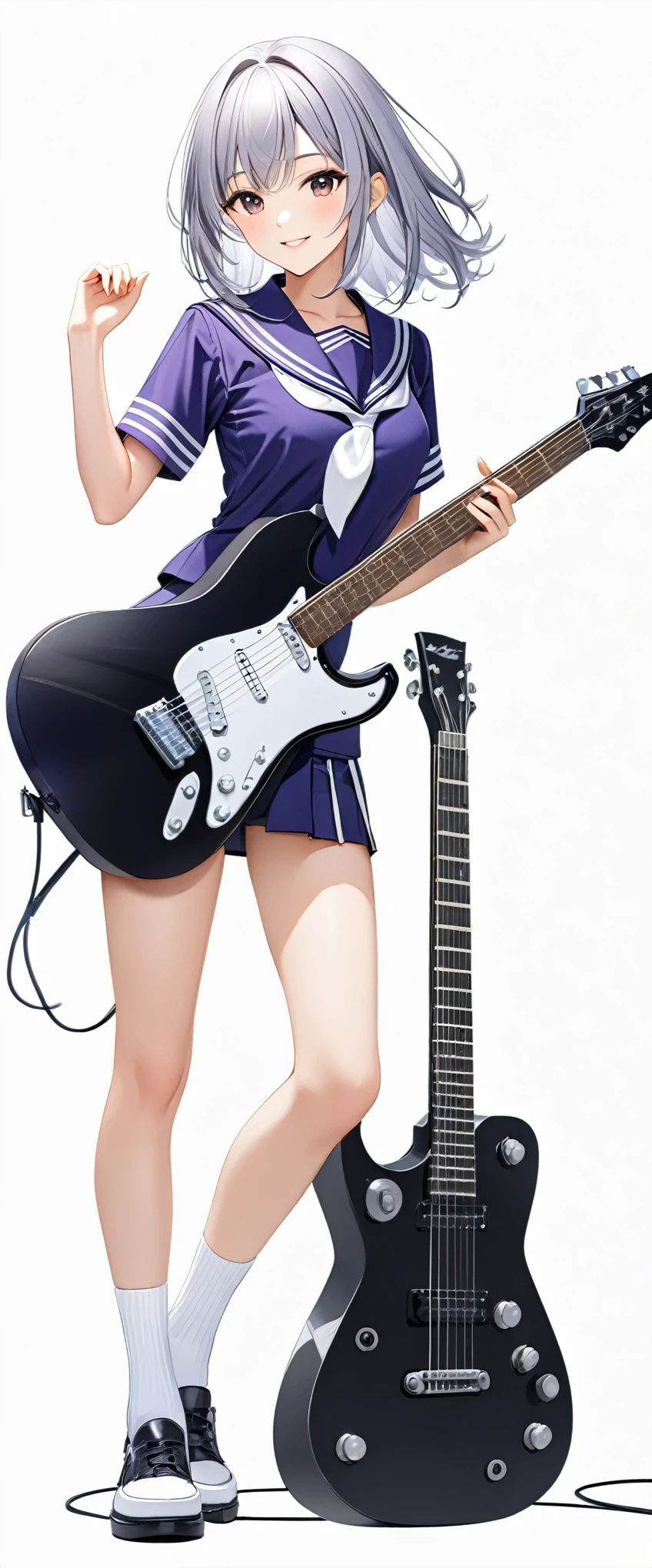 (((White background:1.5)))、(((The subject and guitar are in full view:1.5))),(((full body:1.2)))、(masterpiece、Ultra HD、Highest quality、Masterpiece、8k:1.2)、Slender body、High school girl playing electric guitar、(Purple sailor suit) 、Long silver hair、(((A dynamic pose:1.5)))、Perfect Style、8Head to Body、smile、Are standing、White socks、mini skirt、