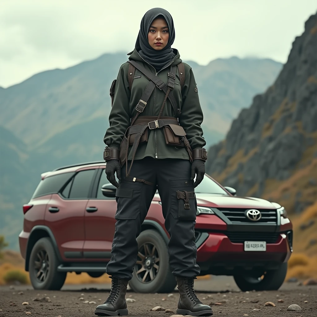 ８ｋ,Realistic Skin Texture、Superrealism、Realistic Photo、Japanese Woman、Fashionable Hijab, Mad Max Picture、On the Mountain of Indonesia、Driving Jacket with Protective Gear、Standing Next to Fortuner Sport Car、Boots、Determined to Take Revenge、1girl, High Resolution, Soft Lighting, 