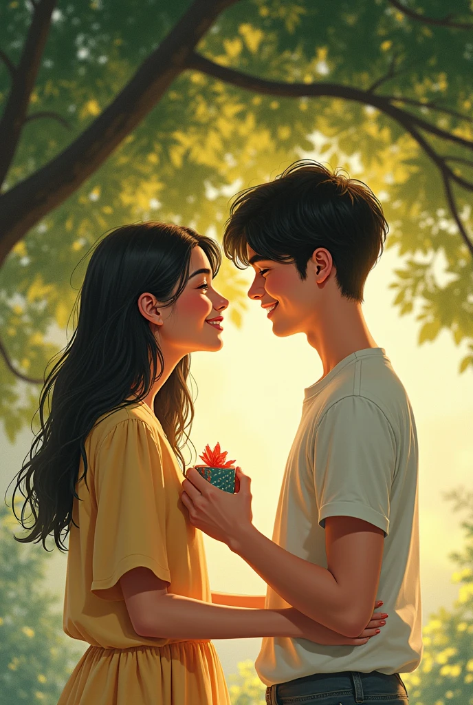 montage of moments: laughing together, sharing secrets, the boy giving the girl a small gift, and them sitting under the tree discussing their future.