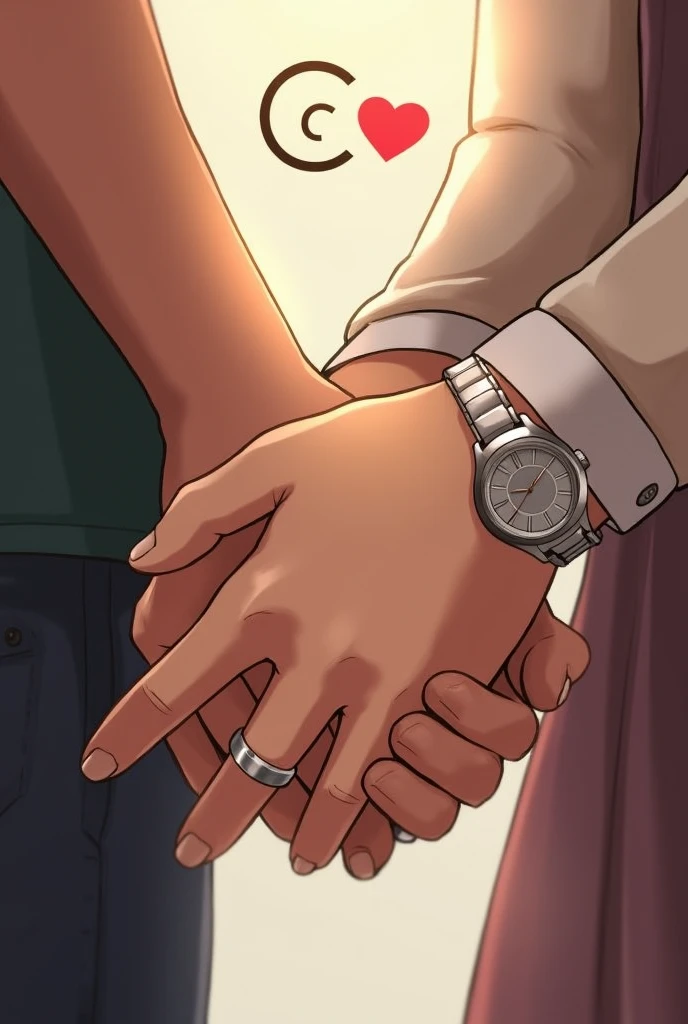 This image captures a close-up of two people holding hands, symbolizing affection and connection. Both individuals are wearing rings, and the person on the left is also wearing a wristwatch. Above the hands, there is a large, stylized letter "C" , black font, accompanied by a small red heart, emphasizing the theme of love or a special bond. The overall tone of the image is warm and intimate, reflecting a moment of togetherness.