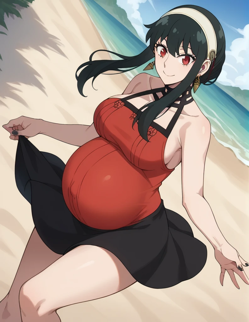 score_9, score_8_up, score_7_up, source_anime,
yorbriar, yor briar, black hair, red eyes, earrings, white hairband, hairband, long hair, sidelocks, Big breasts,
bare shoulders, dress, mini skirt, thighs,
Beach, smile, Black toenails, Black nails,
looking at viewer, dutch angle, cowboy shot, pregnant, huge belly, large belly