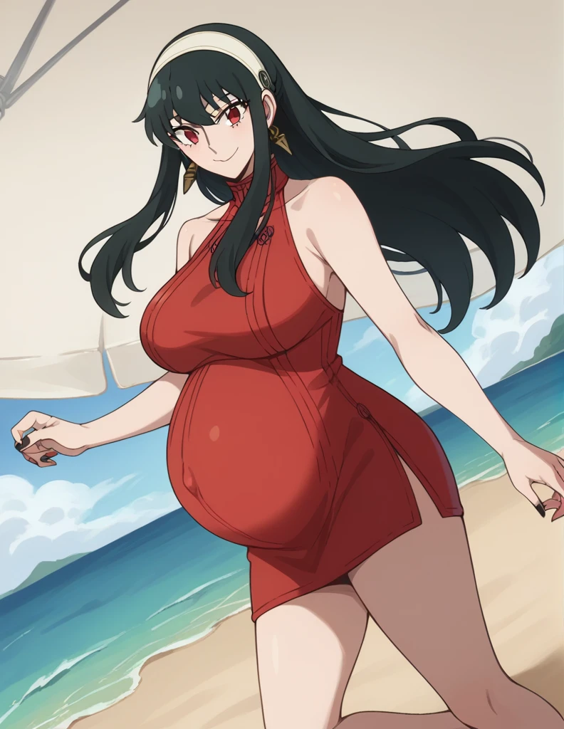 score_9, score_8_up, score_7_up, source_anime,
yorbriar, yor briar, black hair, red eyes, earrings, white hairband, hairband, long hair, sidelocks, Big breasts,
bare shoulders, dress, mini skirt, thighs,
Beach, smile, Black toenails, Black nails,
looking at viewer, dutch angle, cowboy shot, pregnant, huge belly, large belly