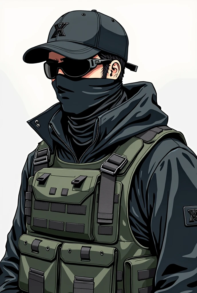 man with a cap, Ski mask, buff, black motocross goggles, black clothes, tactical clothing, camo green vest, drawing style, anime. 