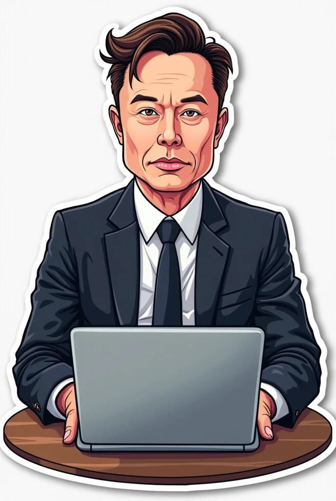 Vector image sticker of Elon Musk working in laptop table in front in suit and tie front view eyes looking to the laptop in the table cartoonistic realistic