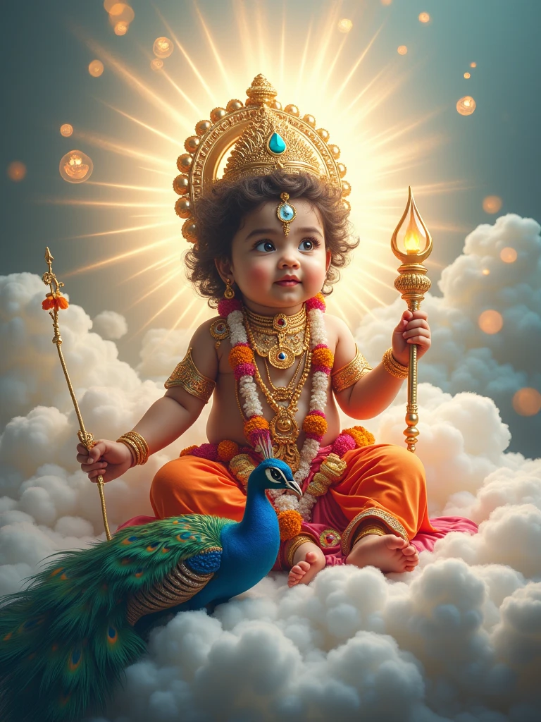 A divine kartikeya resembling a young Baby boy deity is depicted seated amidst fluffy white clouds, surrounded by a radiant light. The Kartiya  wears an ornate golden crown and colorful traditional attire, adorned with intricate jewelry and floral garlands. In one hand, the deity holds a ceremonial staff, while a peacock is positioned at the feet, adding to the ethereal ambiance. Behind the Kartikeya, a backdrop of peacock feathers enhances the majestic scene, phone realistic