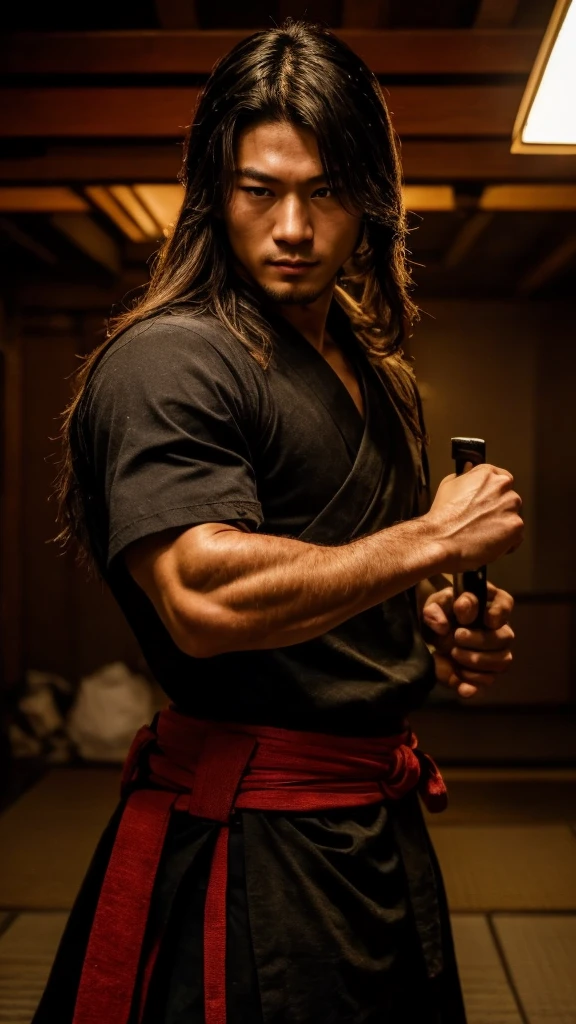 Young Samurai, Hold a sword in each hand, please stretch your arms, Accurate arm and hand detailing, Realist:1.3,( fPhoto, Realist, 8k, RAW Photos, Premium Quality, masterpiece, Great lighting, Centered Images), (Dynamic Movement, Dynamic Fighting,), (2 Knives), Fight with two swords, whole body, (Disheveled brown long hair), (Handsome Japanese young man, 1, Be confident、Trained muscles., Wildman and his body in perfect detail), View your viewers, cyber punk, Warrior, Tokyo, Shibuya Ward,