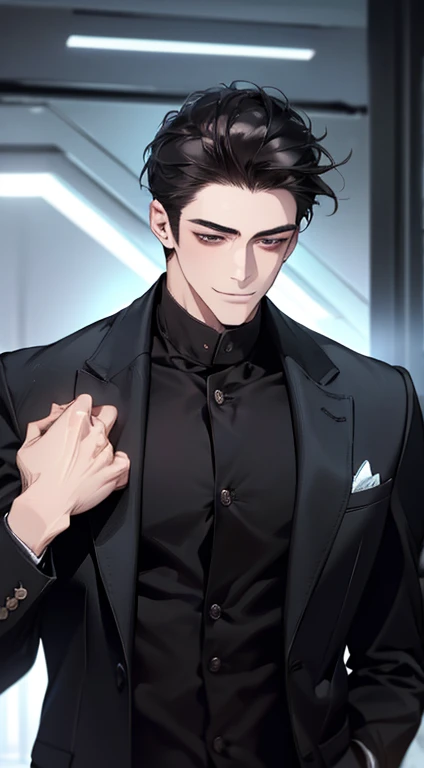 (best quality, masterpiece, 8K, photorealistic, cinematic lighting, 1:4 hdr image, ultra detailed, beautiful image), a mature man, very handsome, ((cold expression smile in love)), short black hair, black eyes, face perfect without mistakes, ((buttoning his jacket, CEO))