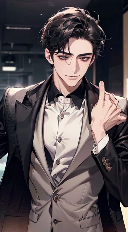 (best quality, masterpiece, 8K, photorealistic, cinematic lighting, 1:4 hdr image, ultra detailed, beautiful image), a mature man, very handsome, ((cold expression smile in love)), short black hair, black eyes, face perfect without mistakes, ((buttoning his jacket, CEO))