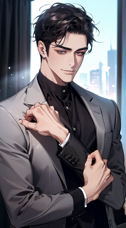 (best quality, masterpiece, 8K, photorealistic, cinematic lighting, 1:4 hdr image, ultra detailed, beautiful image), a mature man, very handsome, ((cold expression smile in love)), short black hair, black eyes, face perfect without mistakes, ((buttoning his jacket, CEO))