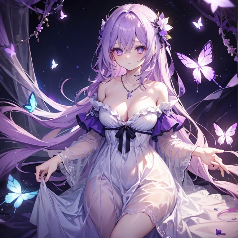 1 girl、Mature、Ample breasts、Long Hair、Long eyelashes、pale purple hair、Light color、Fleeting、sleepy、Purple butterfly、Shoulder Bare、necklace、dress、I'll never wake up、Lace fabric、In a dream、prism、Vanishing、I want to sleep、I want to die peacefully、Close ~ eyes、I wish I had never woken up like this... High resolution、Highest quality