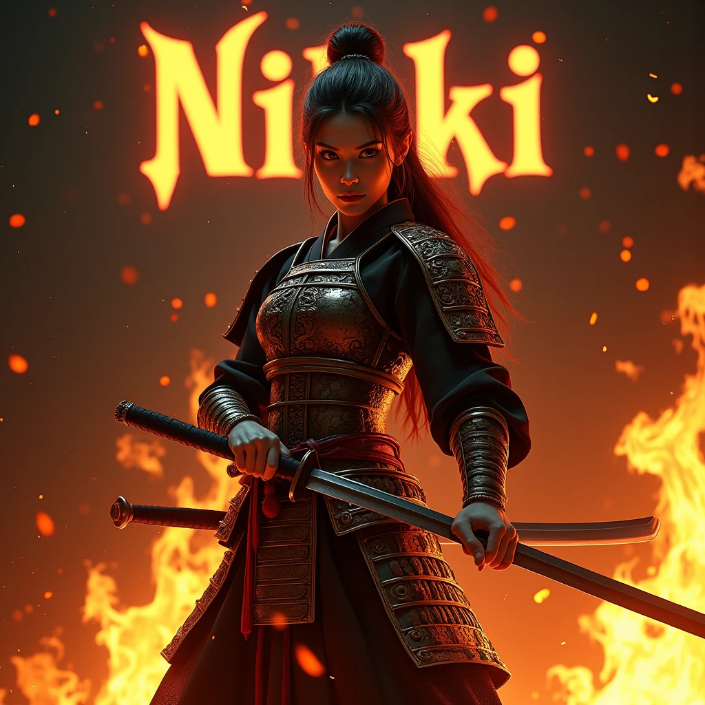 To create the realistic image like a photograph, imagine a fierce female warrior, dressed in samurai armor, who catches the light in a captivating way. She is holding a Japanese katana. Around her, flames swirl that accentuate her unique and intimidating presence. The dark background contains their name "NiKKi", which is written in gothic letters illuminated by the glow of flames