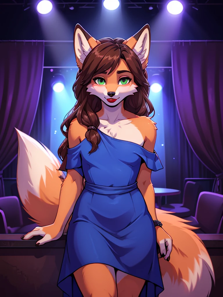 Best quality, furry male fox with green eyes, with brown long hair, with black spout, with red lipstick on lips, big lips, in a blue dress, crossdressing, shy, off-the-shoulder dress, flirts, sexy pose, portrait, against the backdrop of an empty nightclub