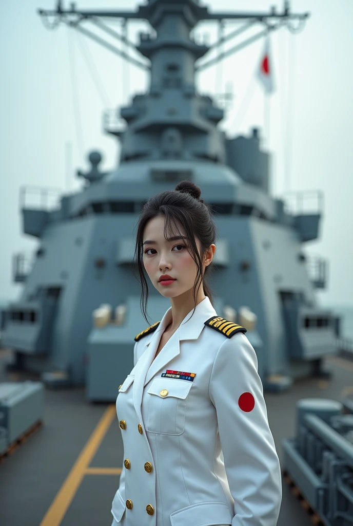Photo-realistic, ultra-realistic, (very beautiful Japanese, famous Japanese idol but naval commander:1.3), wearing a white naval uniform, on a large battleship, ready to battle, monitoring enemy ships,
