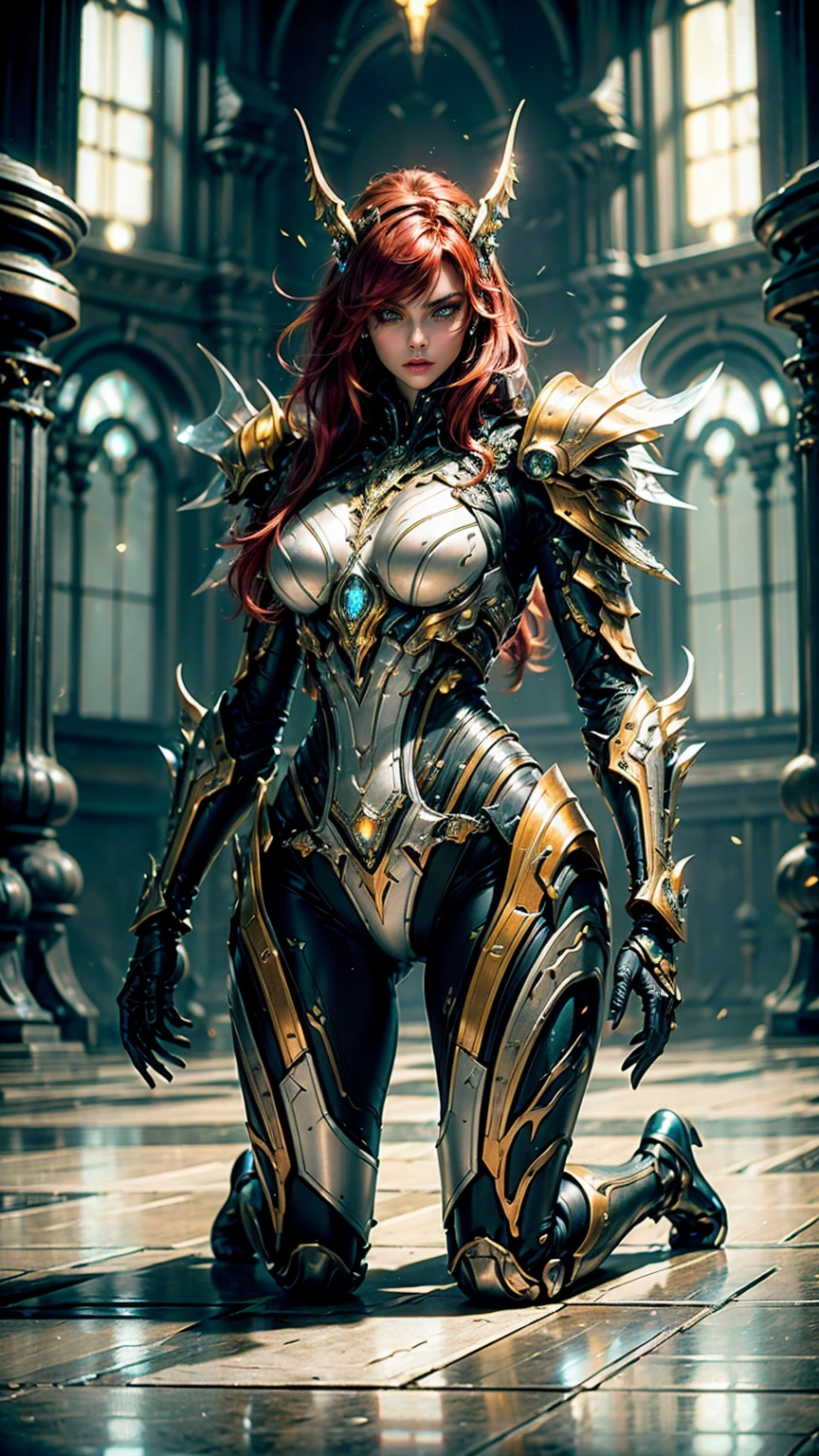 masterpiece, Best Quality, high angle, medieval futuristic city, 1 girl, alone, Pale skin, bee, armor of warframe, red hair to the floor, He doesn't have a helmet, cybernetic suit, cyborg, neon lights on their clothes and cybernetic augmentations, 3D, hyperrealistic, realist, young girl, sexy, beautiful face, warrior pose, kingdompunk style, beautiful, showy, neon lights, intricate details, smooth skin, hyperrealistic, side glance, neckline, Extremely detailed 8k, seeds, High resolution, ultra quality, Highly detailed warrior eyes, very detailed mouth, Very detailed face, Perfect eyes, the eyes are silver colored, true light, Glare, iridescent, global illumination, real hair movement, Light of the neon kingdom, real shadow, The real way, 4k high definition, luz neon realist, bright Eyes, silver eyes, fluorescent eyes, neon light, half body, close up, Neon colors, yellow, blue, negro