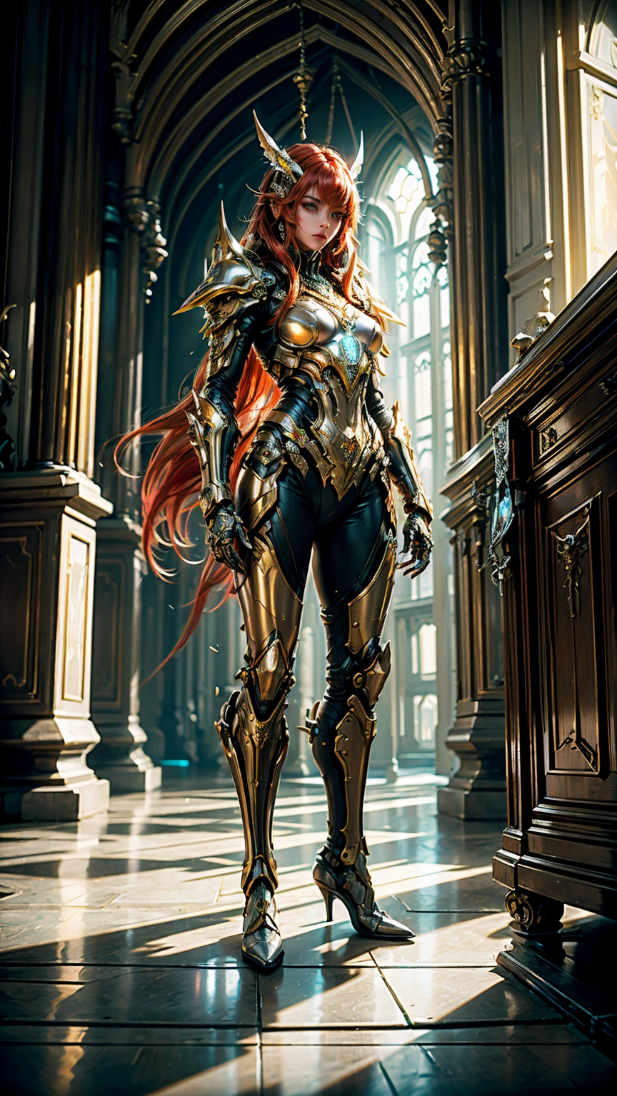 masterpiece, Best Quality, high angle, medieval futuristic city, 1 girl, alone, Pale skin, bee, armor of warframe, red hair to the floor, He doesn&#39;t have a helmet, cybernetic suit, cyborg, neon lights on their clothes and cybernetic augmentations, 3D, hyperrealistic, realist, young girl, sexy, beautiful face, warrior pose, kingdompunk style, beautiful, showy, neon lights, intricate details, smooth skin, hyperrealistic, side glance, neckline, Extremely detailed 8k, seeds, High resolution, ultra quality, Highly detailed warrior eyes, very detailed mouth, Very detailed face, Perfect eyes, the eyes are silver colored, true light, Glare, iridescent, global illumination, real hair movement, Light of the neon kingdom, real shadow, The real way, 4k high definition, luz neon realist, bright Eyes, silver eyes, fluorescent eyes, neon light, half body, close up, Neon colors, yellow, blue, negro
