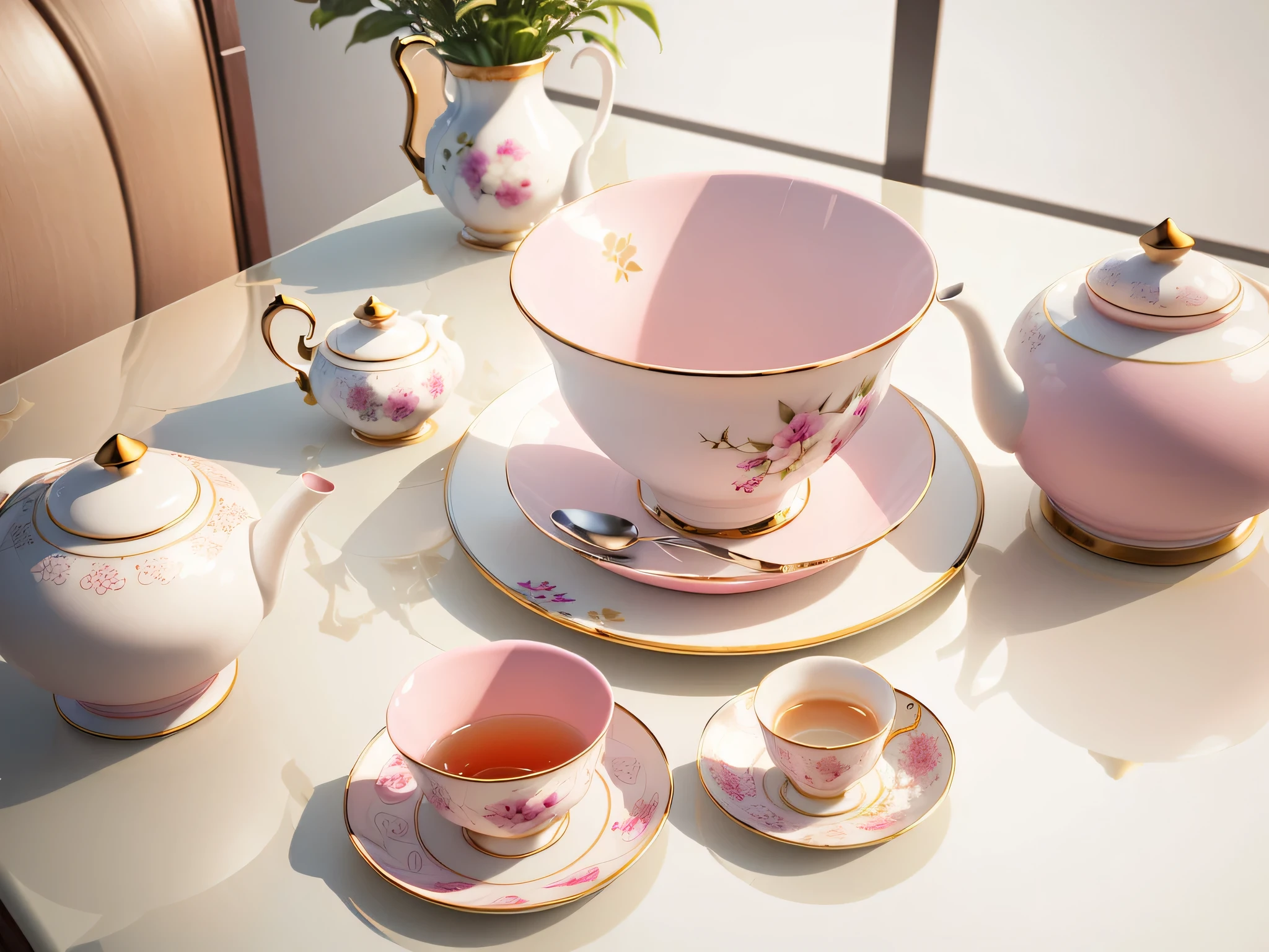 Surrealist Everyday Bowl, Gaiwan tea cup，Complete cup body，Beautiful shape，Light pink reflection, ceramics, depicted as a 3 d render, Bone china texture, Semi-realistic rendering, reflections on a glass table, glass reflections on top, Rendering illustration, tableware，No distortion，