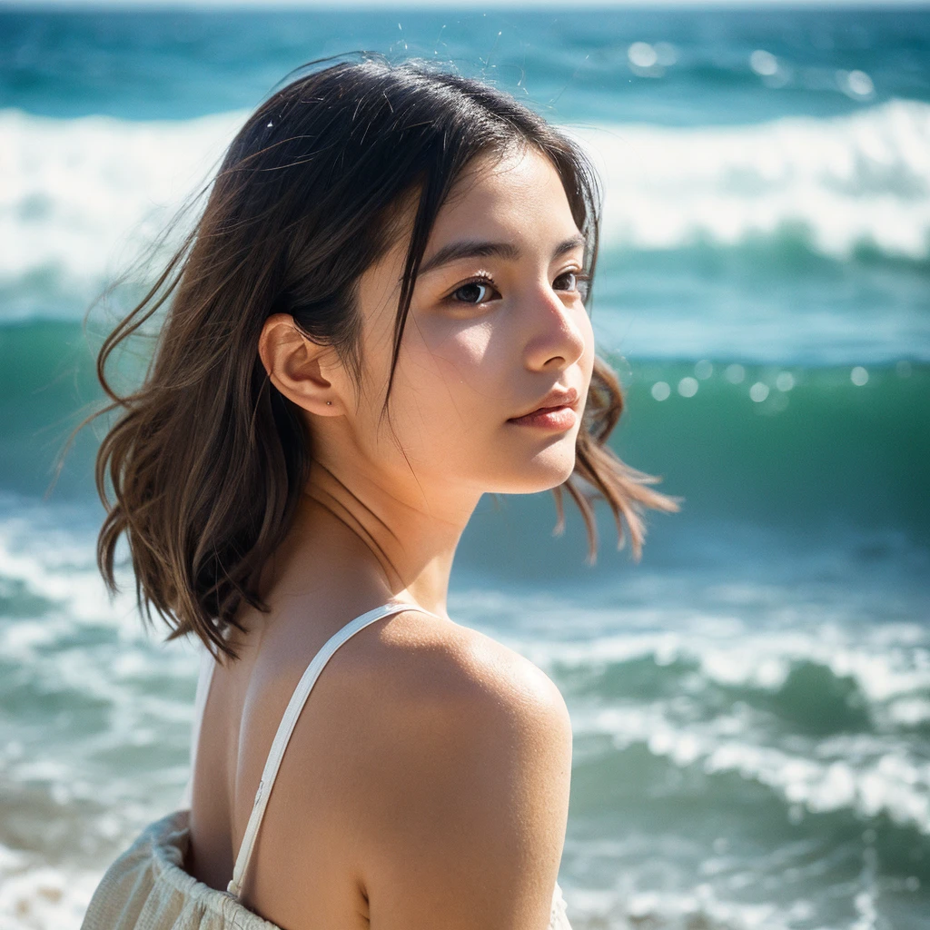 A hyper-realistic image of a single Japanese woman in her early 20s, captured with the nostalgic warmth and subtle graininess of a film camera, with the focus on her upper body from the shoulders up against a serene seaside backdrop. Her skin has a warm beige tone with a natural, slightly rough texture that includes visible pores, fine lines, and subtle imperfections such as small blemishes, adding to the authenticity of her appearance. The soft, diffused natural light reflects off the ocean waves, casting gentle, warm shadows across her face and shoulders, enhancing the film-like quality and creating a timeless, organic feel. Her straight, glossy black hair is slightly tousled by the ocean breeze, naturally framing her face, and her deep brown eyes reflect the soft light of the seaside, adding depth and emotion. The background subtly captures the peaceful ocean scenery with a glimpse of rolling waves and a faint horizon, blurred to maintain focus on her expression. The film camera effect introduces a slight grain and a softer focus, giving the image a warm, nostalgic atmosphere while maintaining the realistic texture of her skin. She is wearing a light, airy top that complements her natural beauty and the beach setting, with the overall composition designed to evoke a sense of genuine, understated elegance and connection with nature.