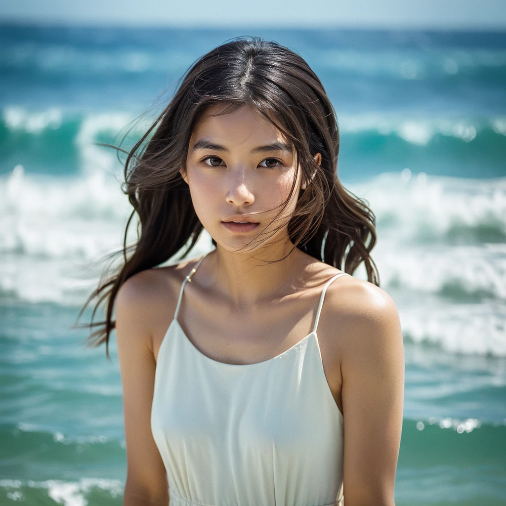 A hyper-realistic image of a single Japanese woman in her early 20s, captured with the nostalgic warmth and subtle graininess of a film camera, with the focus on her upper body from the shoulders up against a serene seaside backdrop. Her skin has a warm beige tone with a natural, slightly rough texture that includes visible pores, fine lines, and subtle imperfections such as small blemishes, adding to the authenticity of her appearance. The soft, diffused natural light reflects off the ocean waves, casting gentle, warm shadows across her face and shoulders, enhancing the film-like quality and creating a timeless, organic feel. Her straight, glossy black hair is slightly tousled by the ocean breeze, naturally framing her face, and her deep brown eyes reflect the soft light of the seaside, adding depth and emotion. The background subtly captures the peaceful ocean scenery with a glimpse of rolling waves and a faint horizon, blurred to maintain focus on her expression. The film camera effect introduces a slight grain and a softer focus, giving the image a warm, nostalgic atmosphere while maintaining the realistic texture of her skin. She is wearing a light, airy top that complements her natural beauty and the beach setting, with the overall composition designed to evoke a sense of genuine, understated elegance and connection with nature.