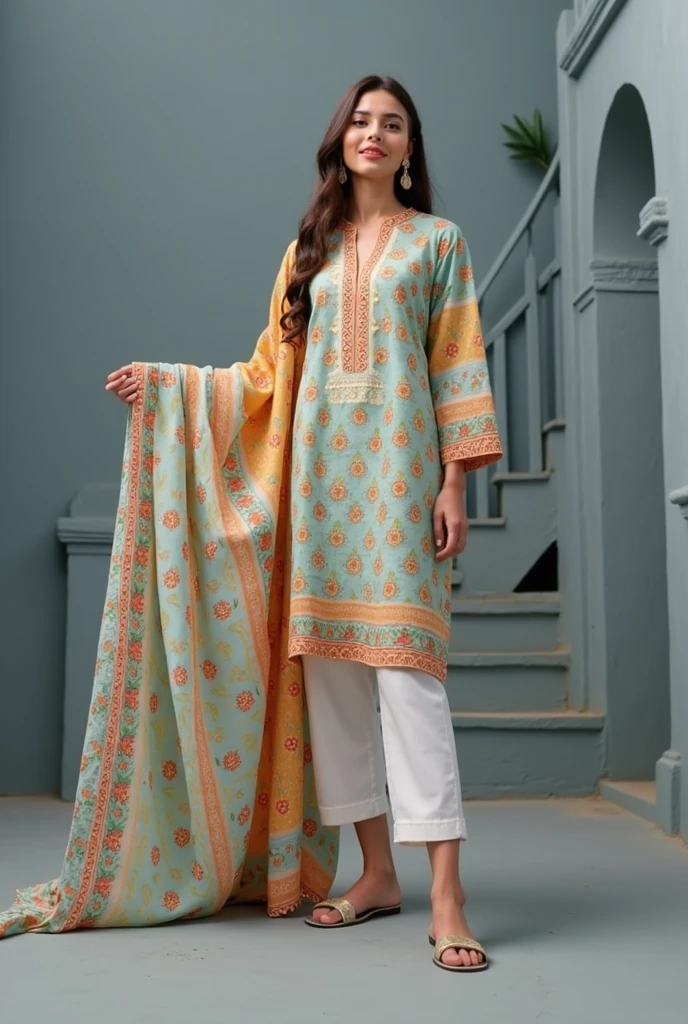 young woman wearing a sapphire unstitched printed lawn suit. A light blue kameez with printed green and orange colour circular and leaves design. White trouser and dupata has green orange flowing pattern and circular and leaves pattern. The dupatta is draped over the woman one shoulder. She has long silky open hair. The woman is standing in front of a plain brown studio background with a beautiful face having little smile. There are stairs and archway in background
