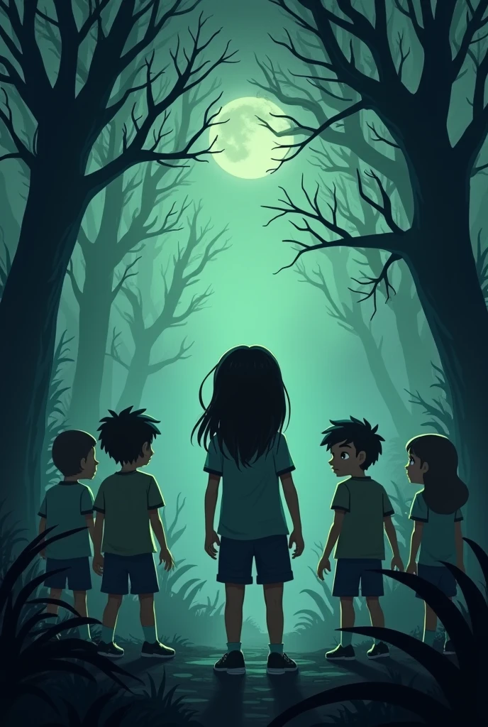"A scared girl named Riya, standing in front of her three friends—two boys and one girl—in a dark, haunted jungle, just like a teacher standing in front of students. Riya faces them with a serious and fearful expression, her body language tense as she says, 'We should go back.' The dense, eerie forest surrounds them, with twisted trees and thick fog creating an ominous atmosphere. The friends look up at Riya, their faces filled with worry and fear, sensing the danger that lies ahead."