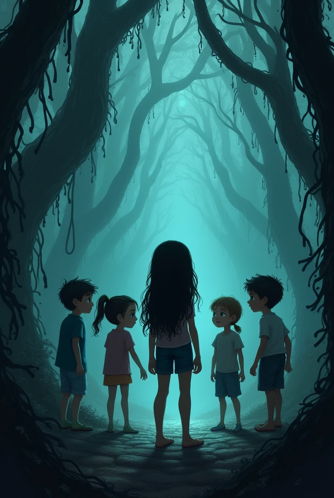 "A scared girl named Riya, standing in front of her three friends—two boys and one girl—in a dark, haunted jungle, just like a teacher standing in front of students. Riya faces them with a serious and fearful expression, her body language tense as she says, 'We should go back.' The dense, eerie forest surrounds them, with twisted trees and thick fog creating an ominous atmosphere. The friends look up at Riya, their faces filled with worry and fear, sensing the danger that lies ahead."