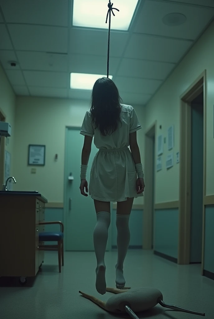 Nurse scene in white thigh high socks, hanged, thòng lọng, hovering in the air , The chair fell at the nurse's feet.