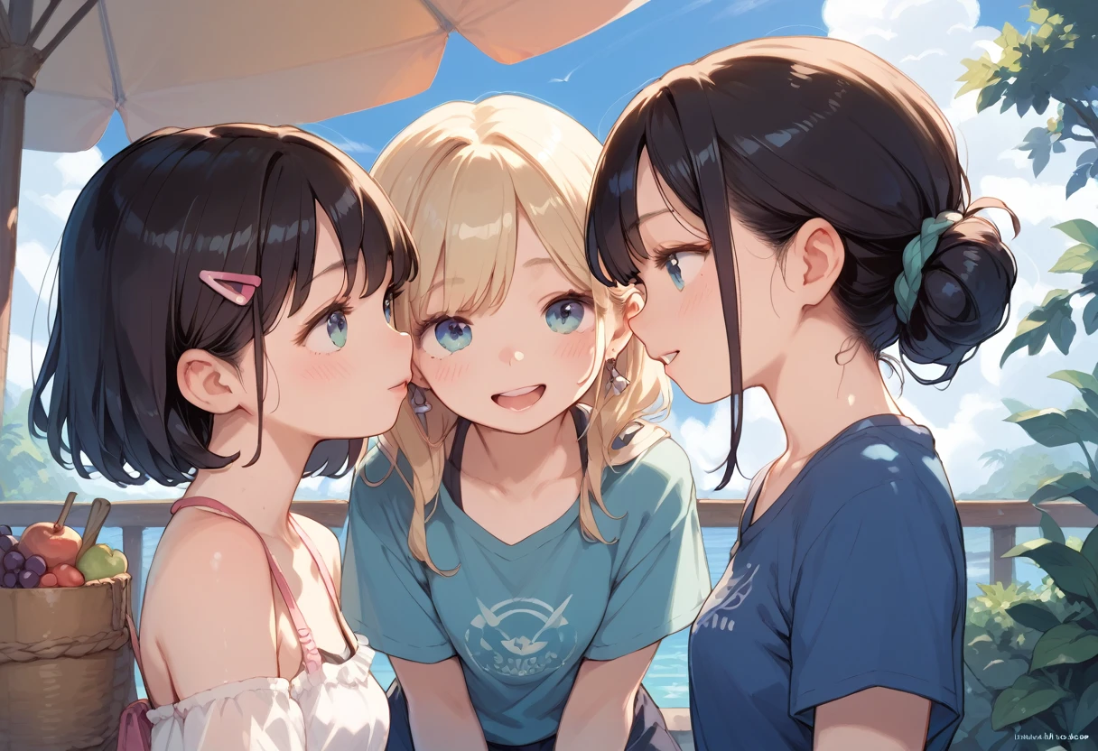 Three girls compete to pee on each other.