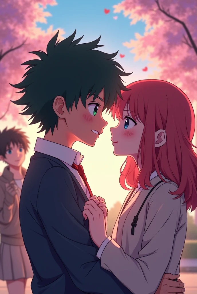 Deku having a romantic moment with Mina Ashido while Uraraka looks on angrily