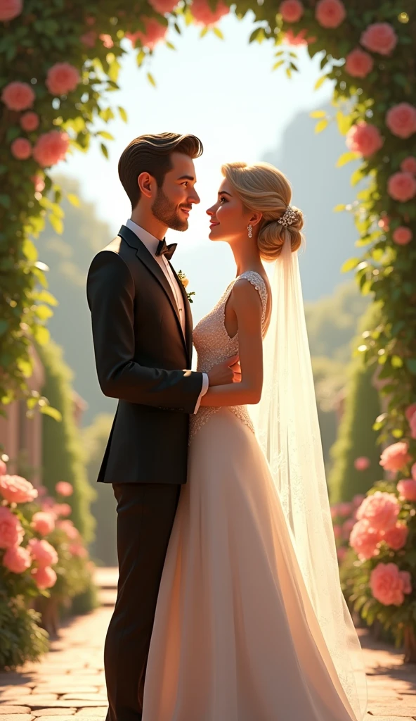 A handsome guy and georgous woman getting married, 3d pixar style, cinematic, masterpiece, high-aesthetic, realistic
