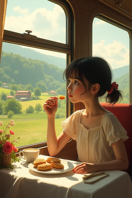 A delicate girl does eating at the train window