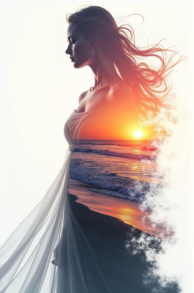 high quality, 8K Ultra HD, A beautiful double exposure that combines an goddess silhouette with sunset coast, sunset coast should serve as the underlying backdrop, with its details incorporated into the goddess , crisp lines, The background is monochrome, sharp focus, double exposure, by yukisakura, awesome full color,