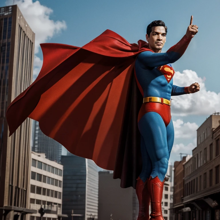 (Best Quality:1.3), masterpiece, (sharp focus:1.5), (detailed face), (highly refined leather), Cantinflas dressed as Superman on top of a building with his cape waving, Whole body 