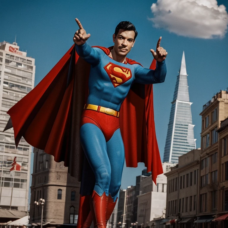 (Best Quality:1.3), masterpiece, (sharp focus:1.5), (detailed face), (highly refined leather), Cantinflas dressed as Superman on top of a building with his cape waving, Whole body 