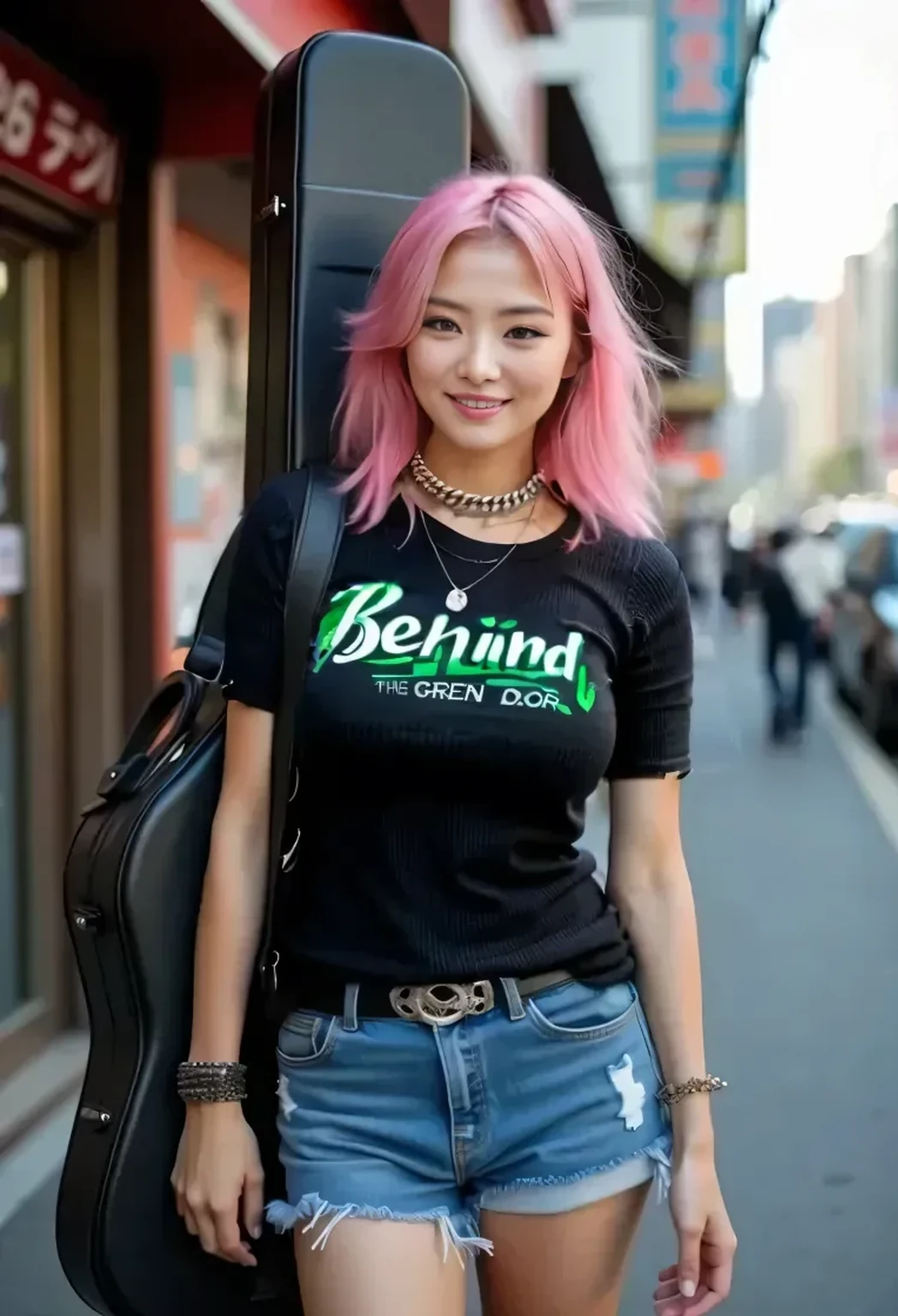 Pink haired arabic woman with guitar case on city street, Roseanne Park from Blackpink, Korean Girls, Black Pink's Joshi, Gorgeous Young Korean Woman, Beautiful Korean Women, korean female fashion model, behind, Beautiful young Korean woman, Korean Idol, Wear casual clothes, Wearing a black T-shirtいる, Wearing a black T-shirt, She wears streetwear