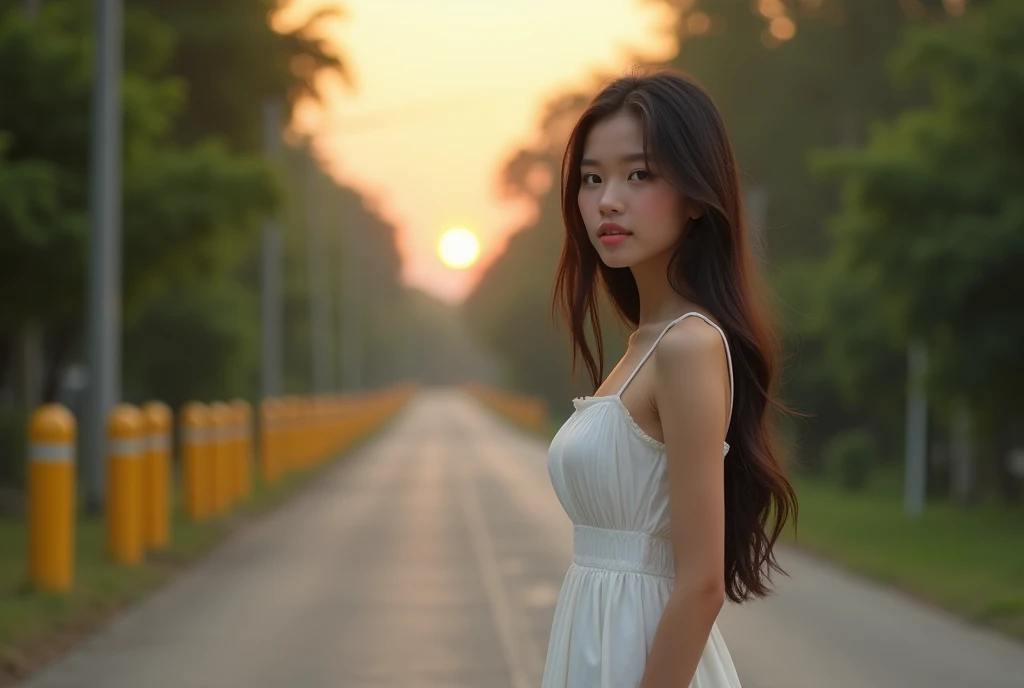 High Resolution, Masterpiece, Accurate, Best Quality, Detail, High Details, High Quality, Realistic photo. A 2 Indonesian wife, wearing a white dress, long dark hair, white skin, height: 155 cm, weight: 45 kg. The image is a portrait of a young woman standing on the side of a road. She is wearing a white dress and has long dark hair. The woman is looking off to the side with a thoughtful expression on her face. The sun is setting in the background, casting a warm glow over the scene. The road is lined with trees on both sides and there are yellow bollards on the left side. The overall mood of the image is peaceful and serene.