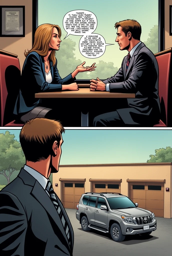 "Split panel showing Kate explaining the neighbor's observation. She gestures while speaking, wearing a dark blazer and skirt, seated at a booth in Henry’s Café. Across from her, Harry in a grey suit with a loosened tie listens intently. A medium shot captures their conversation, with a Dutch angle focusing on an SUV parked in front of garage doors outside. The time is late morning."