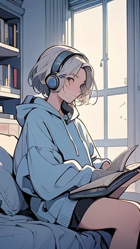 Draw a scene of someone relaxing in a spacious bedroom. The character is a short, bob-haired woman with silver hair wearing a pastel-colored hoodie, wearing headphones and reading a book. The background has three large windows with a full moon and a starry sky. I would like a vibrant color and anime style. Please also add floating magical lights around the character.
